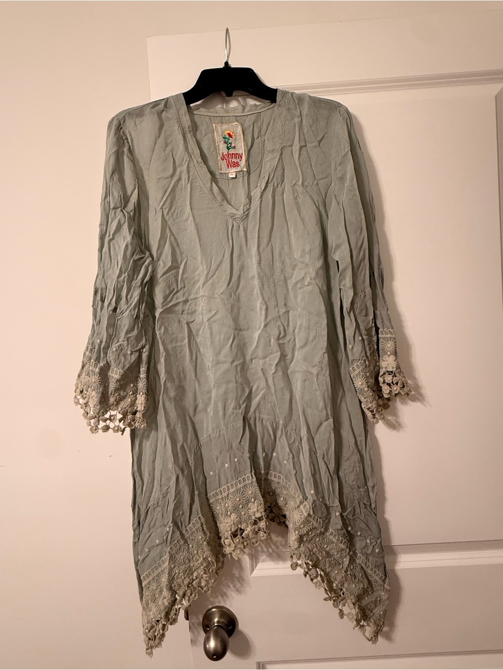 Johnny Was Light Sage Crochet-Trim V-Neck Dress
